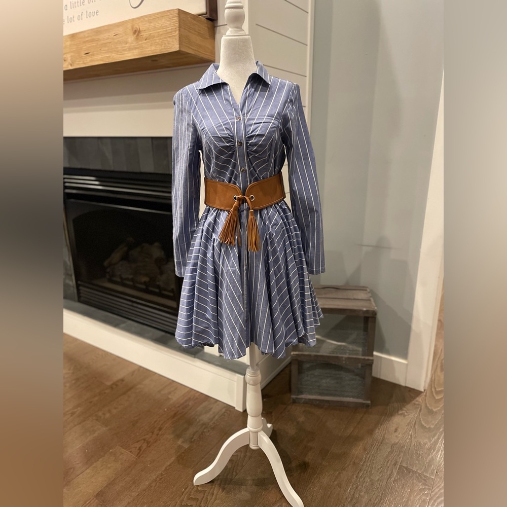 VENUS Blue and White Striped Dress with Tan Belt